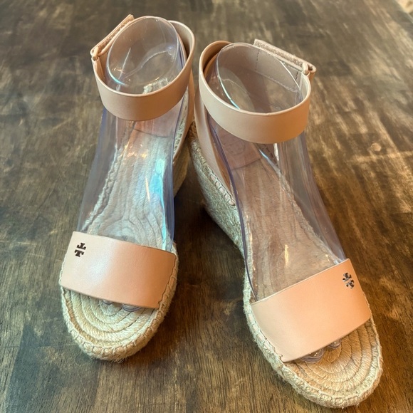 TORY BURCH Tan Nude Leather BIMA Espadrille Wedge Heel Sandals! Ankle Strap. 7.5 - Picture 1 of 9